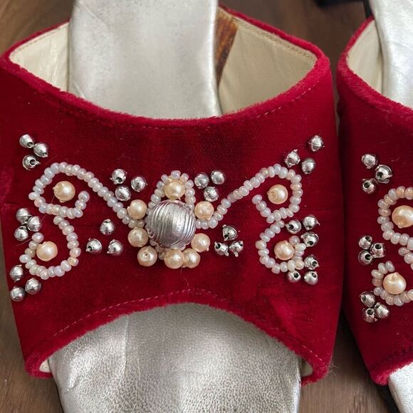 70s Amalfi by Rangoni Red Velvet Open Toe Mules Block Heel 7.5 Narrow - Picture 5 of 9